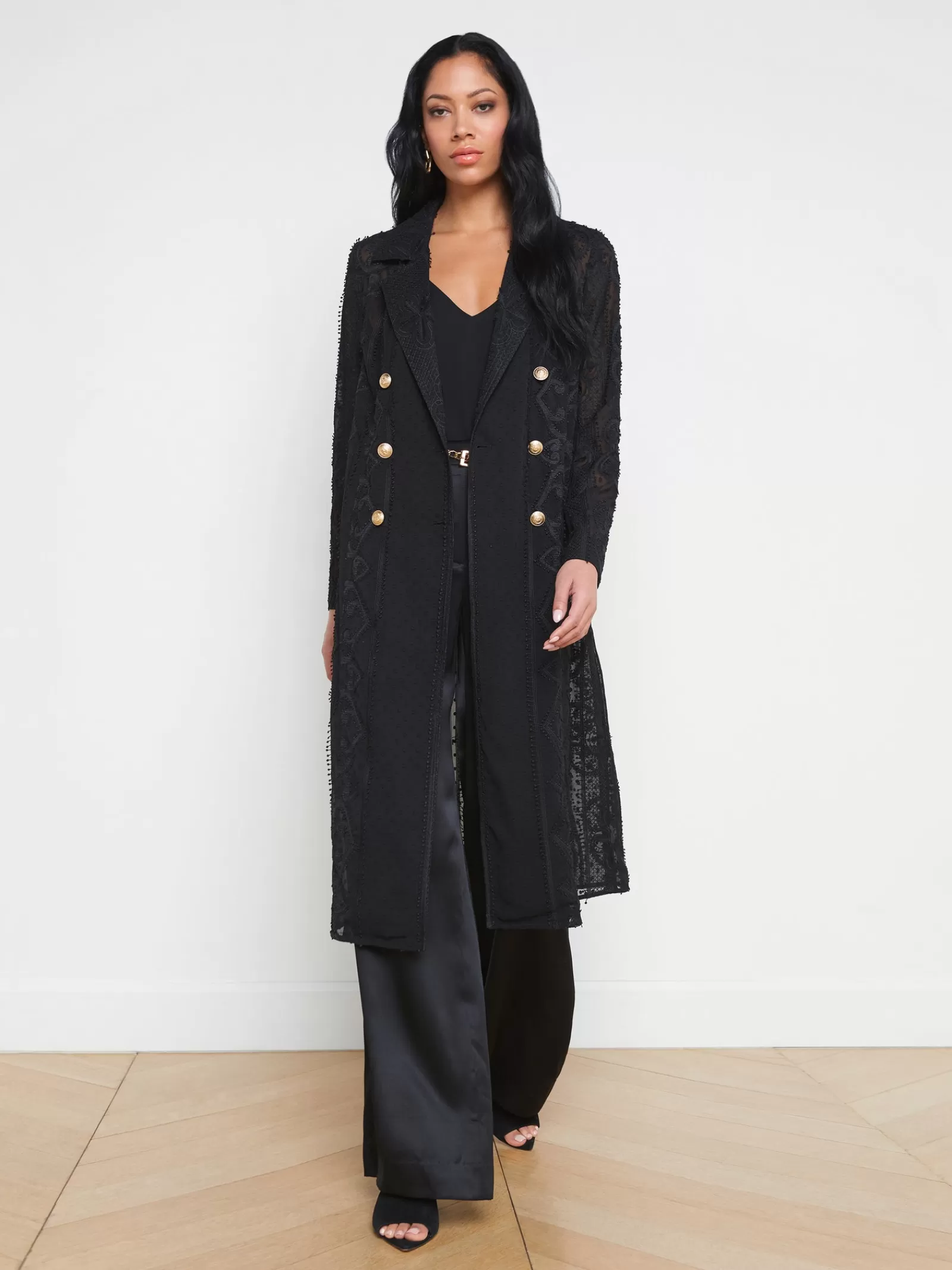 L'AGENCE Dottie Lace Trench Coat< All Things Black | Spring Collection