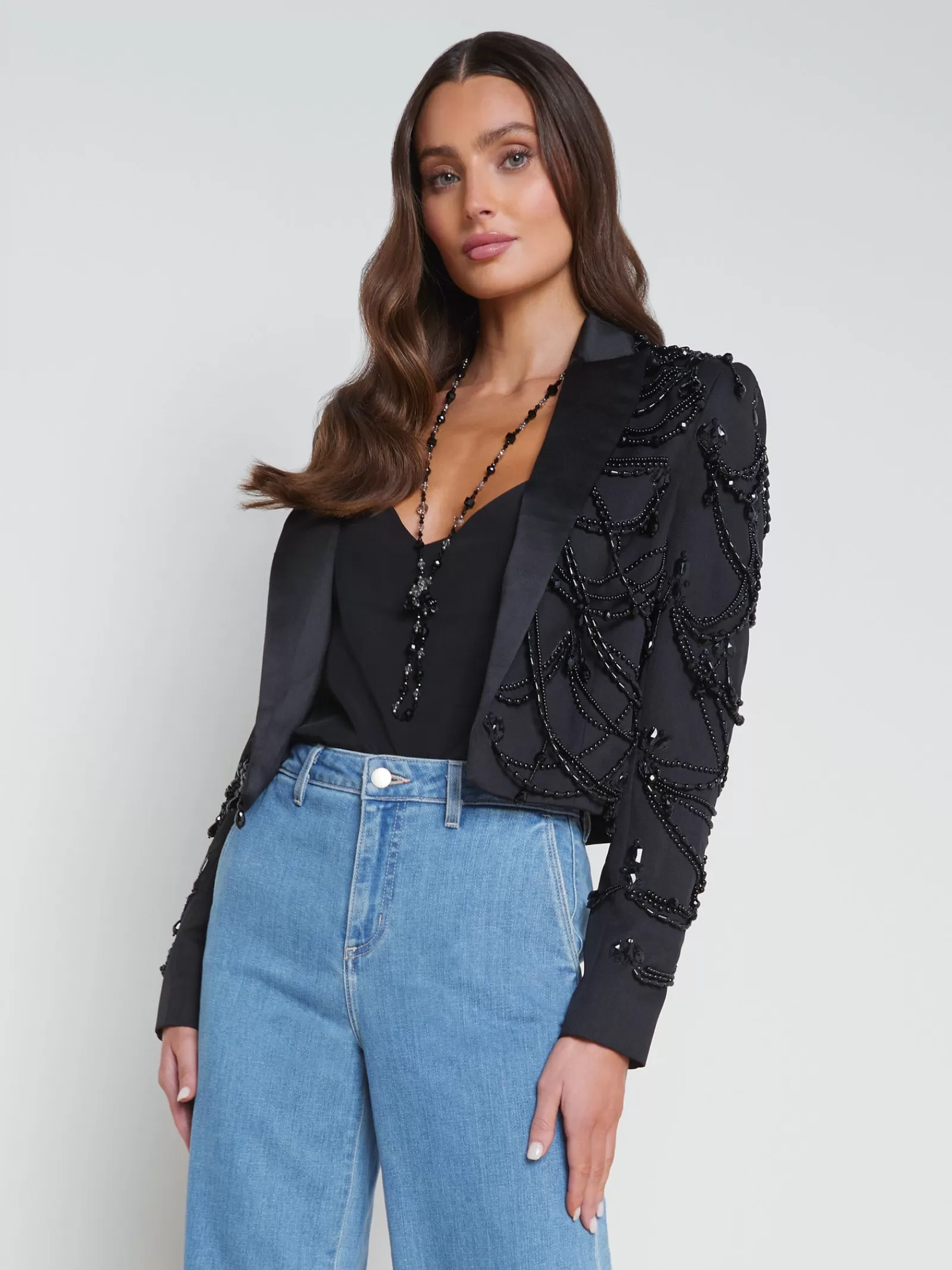 L'AGENCE Jen Beaded Cropped Blazer< All Things Black | Spring Collection